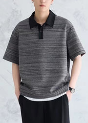 Black ButtonCotton Mens Polo Shirts Peter Pan Collar Summer