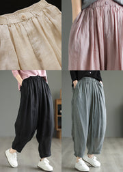 Black Casual Pockets Linen Pants Elastic Waist Summer