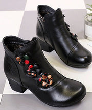 Black Chunky Heel Cowhide Leather Casual Splicing Boots