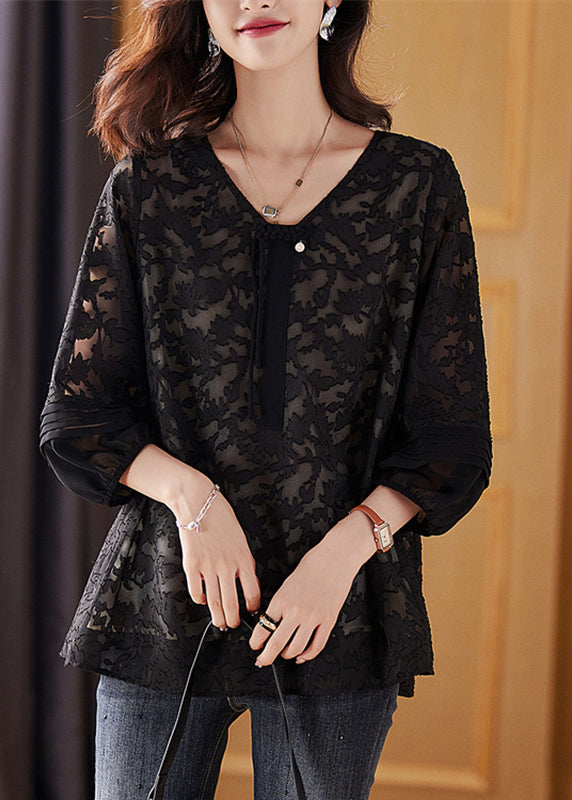 Black Cinched Tassel Chiffon Shirt Fall