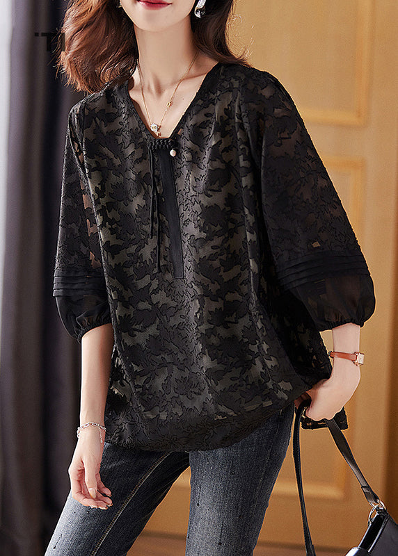 Black Cinched Tassel Chiffon Shirt Fall