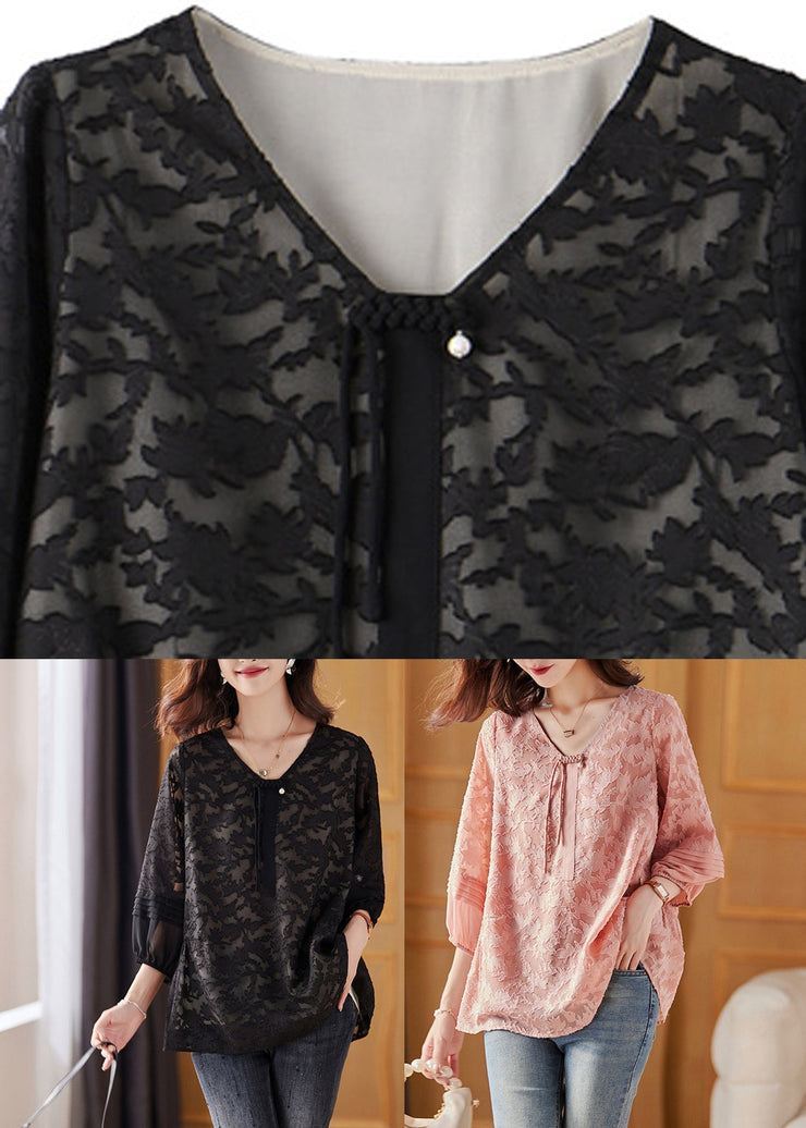 Black Cinched Tassel Chiffon Shirt Fall