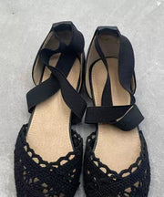 Black Comfy Cotton Fabric Flat Sandals Hollow Out Pointed Toe