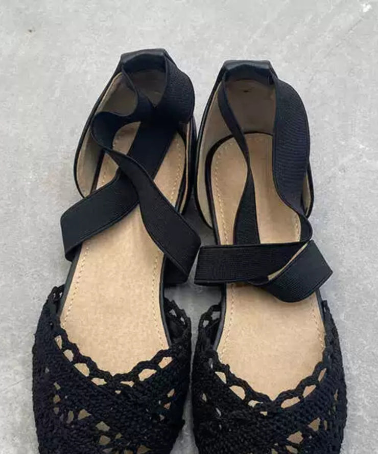 Black Comfy Cotton Fabric Flat Sandals Hollow Out Pointed Toe