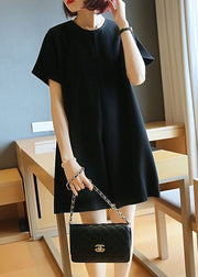 Black Cotton A Line Dress O-Neck Wrinkled Summer