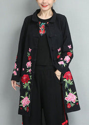 Black Cotton Coats Embroideried Oriental Button Fall