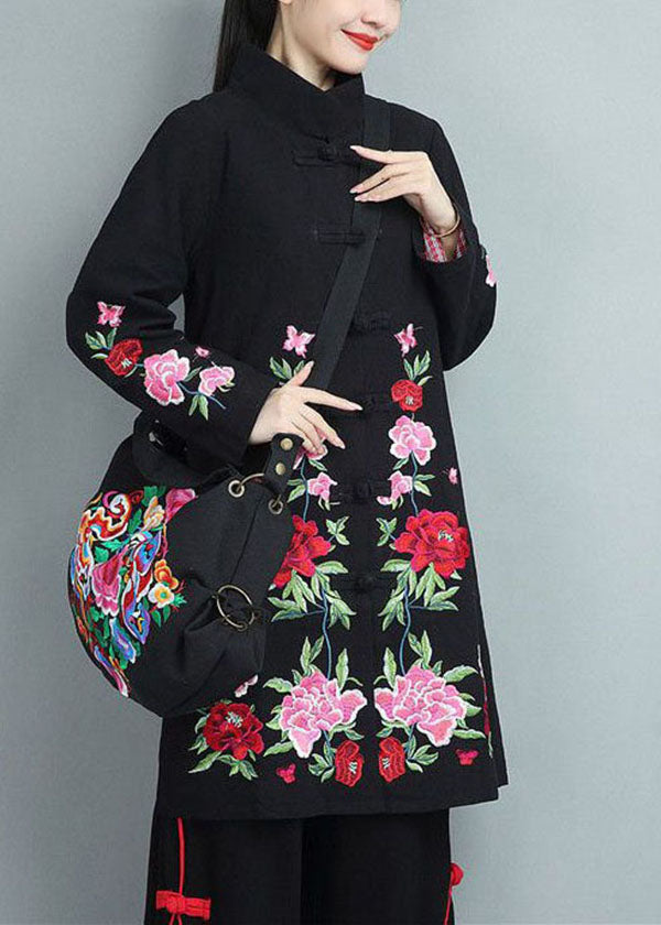 Black Cotton Coats Embroideried Oriental Button Fall