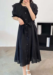 Black Cotton Dresses Peter Pan Collar Button Tie Waist Summer