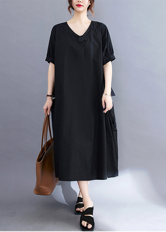 Black Cotton Holiday Dress Oversized Pockets Summer