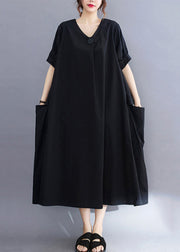 Black Cotton Holiday Dress Oversized Pockets Summer