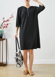 Black Cotton Loose Sweatshirts Dress Oversized Zippered Summer