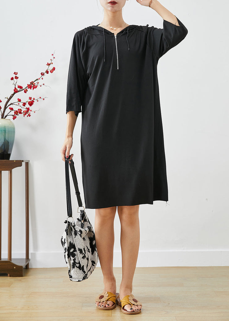 Black Cotton Loose Sweatshirts Dress Oversized Zippered Summer