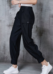 Black Cotton Pants Trousers Elastic Waist Pockets Spring