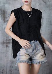 Black Cotton Ripped Tank Tops Asymmetrical Design Summer