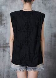 Black Cotton Ripped Tank Tops Asymmetrical Design Summer