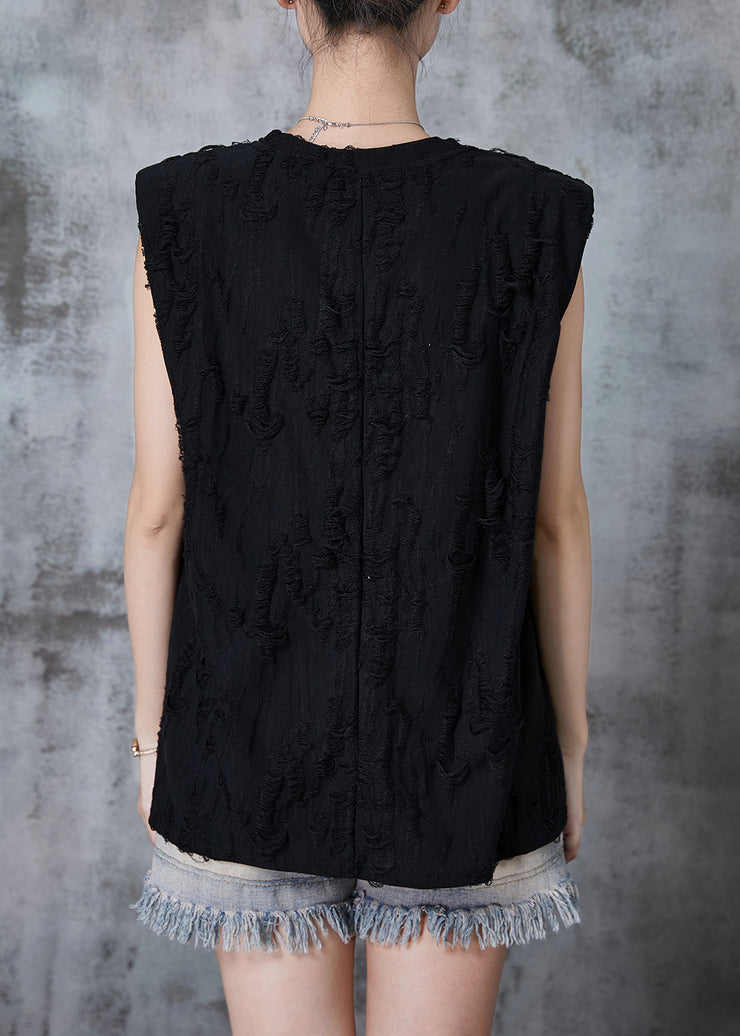 Black Cotton Ripped Tank Tops Asymmetrical Design Summer