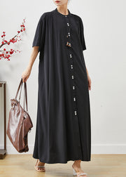 Black Cotton Robe Dresses Stand Collar Oversized Summer