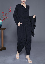 Black Cotton Three Piece Set Women Clothing Oversized Wrinkled Spring