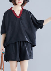 Black Cotton Two Piece Set Women Clothing V Neck Drawstring Summer