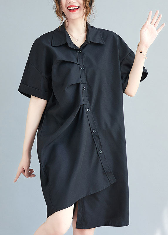 Black Cotton Vacation Dresses Asymmetrical Wrinkled Summer