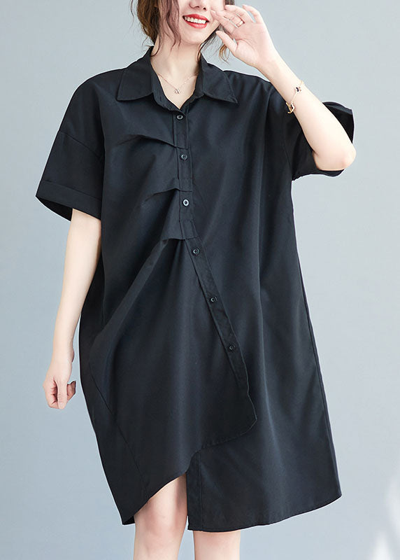 Black Cotton Vacation Dresses Asymmetrical Wrinkled Summer