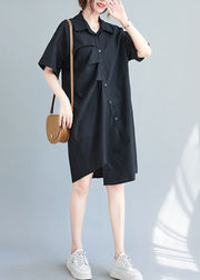 Black Cotton Vacation Dresses Asymmetrical Wrinkled Summer