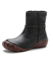 Black Cowhide Leather Boots Zippered Splicing Hollow Out