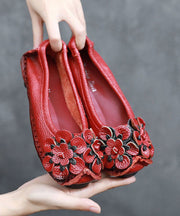 Black Cowhide Leather Splicing Floral Flat Shoes For Women