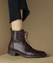 Black Cross Strap Splicing Cowhide Leather Chunky Boots