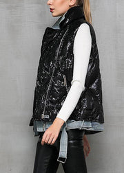 Black Denim Patchwork Duck Down Waistcoat Peter Pan Collar Winter