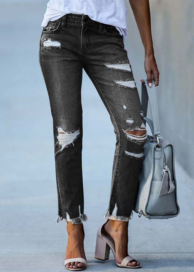 Black Denim Ripped Pants High Waist Summer