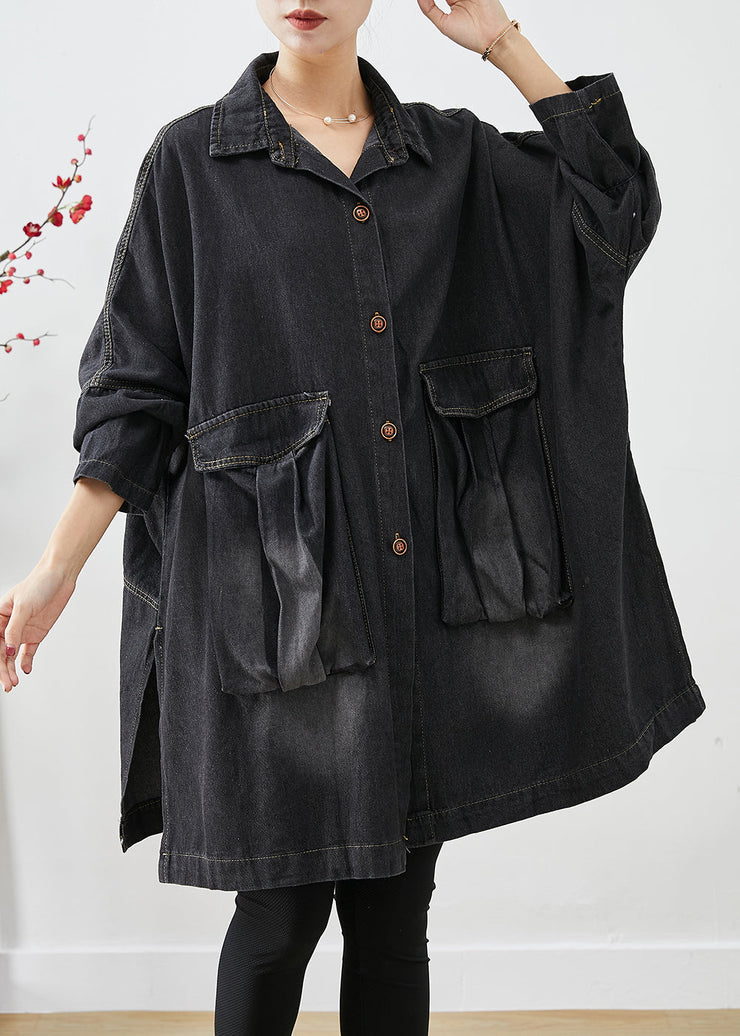 Black Denim Trench Oversized Pockets Batwing Sleeve