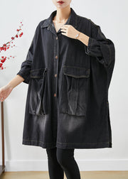 Black Denim Trench Oversized Pockets Batwing Sleeve