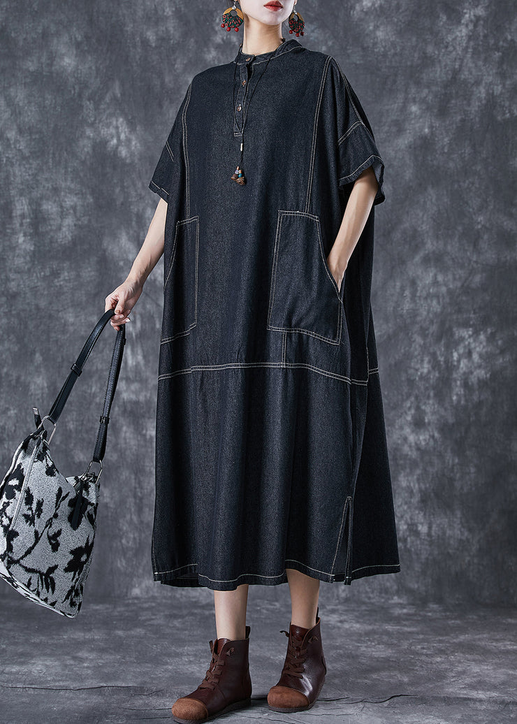 Black Denim Vacation Dresses Stand Collar Pockets Summer