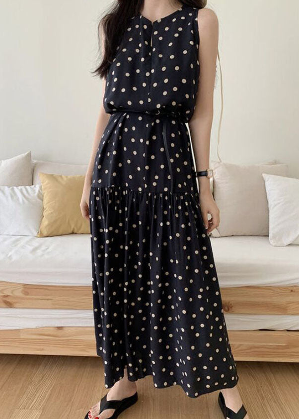 Black Dot Print Cotton Holiday Dresses O Neck Sleeveless