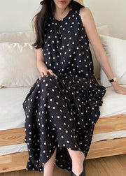 Black Dot Print Cotton Holiday Dresses O Neck Sleeveless