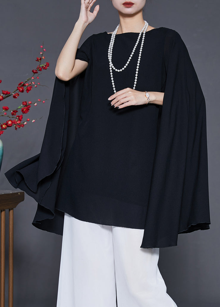 Black Draping Chiffon Shirt Top Cloak Sleeves