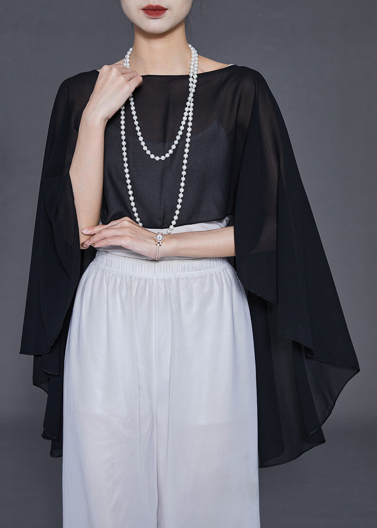 Black Draping Chiffon Shirt Top Low High Design Summer