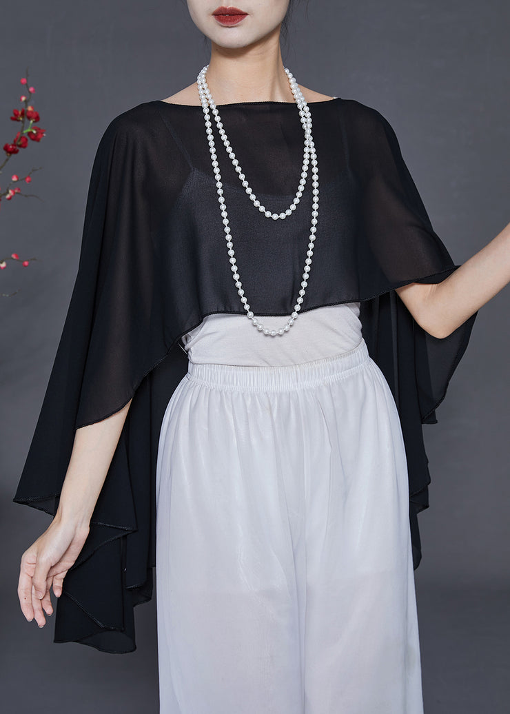 Black Draping Chiffon Shirt Top Low High Design Summer