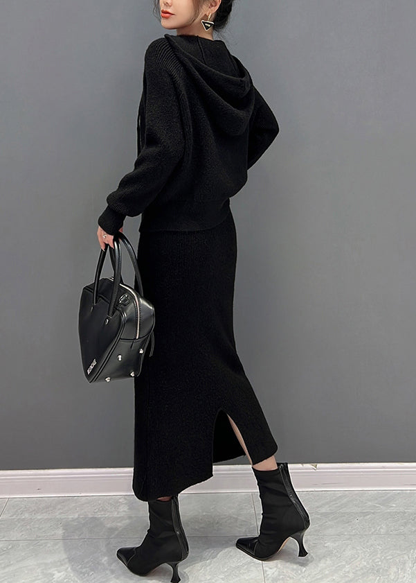 Black Drawstring Hooded Knit Sweaters And Maxi Skirts Two Piece Set Winter