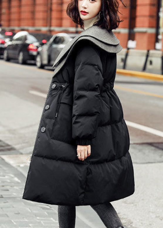 Black Drawstring Patchwork Button Duck Down Parka Winter