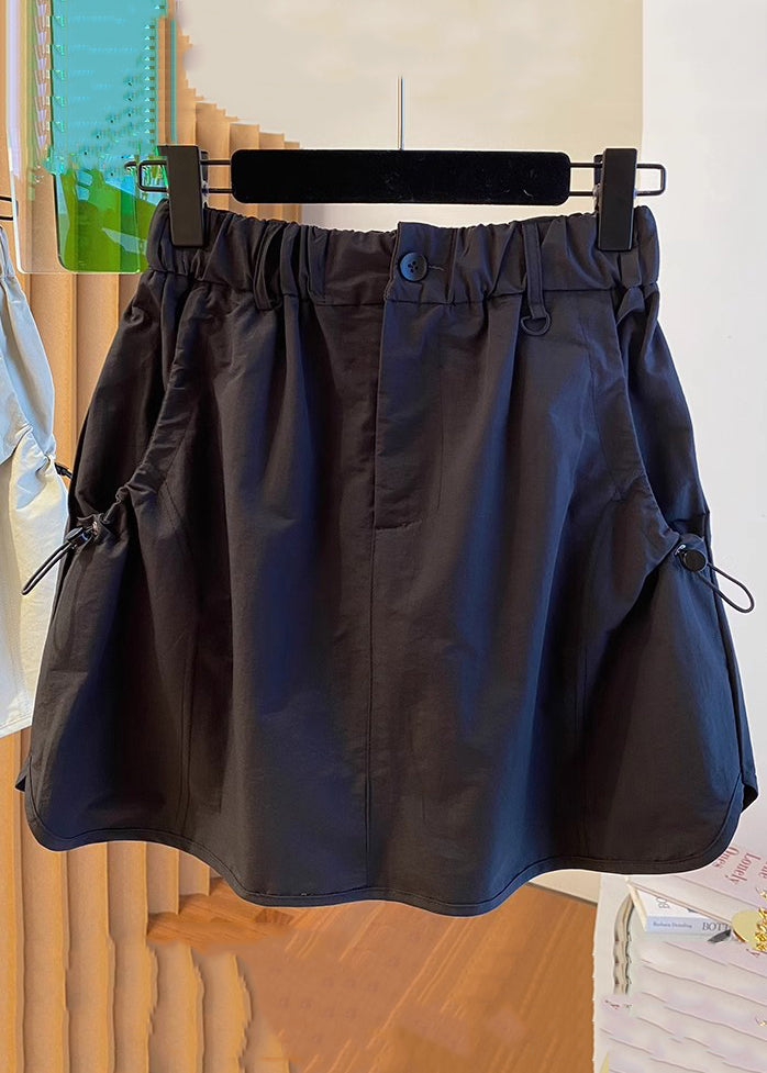 Black Drawstring Pockets Cotton Skirts Elastic Waist