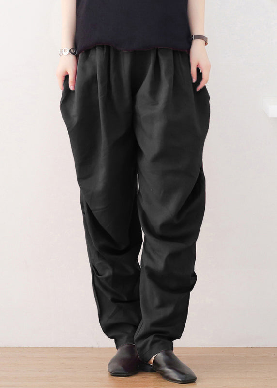 Black Elastic Waist Linen Beam Pants Fall