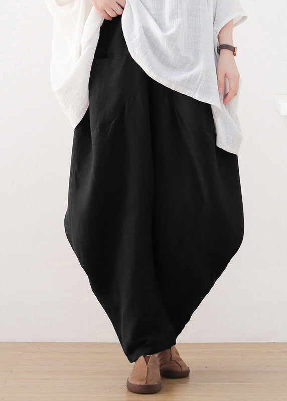 Black Elastic Waist Pockets Wide Leg Pants Fall