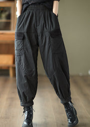 Black Elastic Waist Thick Fleece Pants Winter