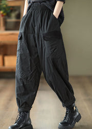 Black Elastic Waist Thick Fleece Pants Winter