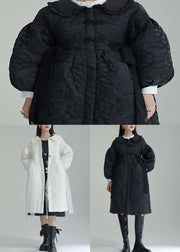 Black Embossed Cotton Filled Coat Peter Pan Collar Lantern Sleeve