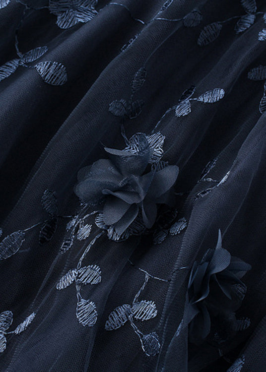 Black Embroideried Floral Elastic Waist Tulle A Line Skirts Spring