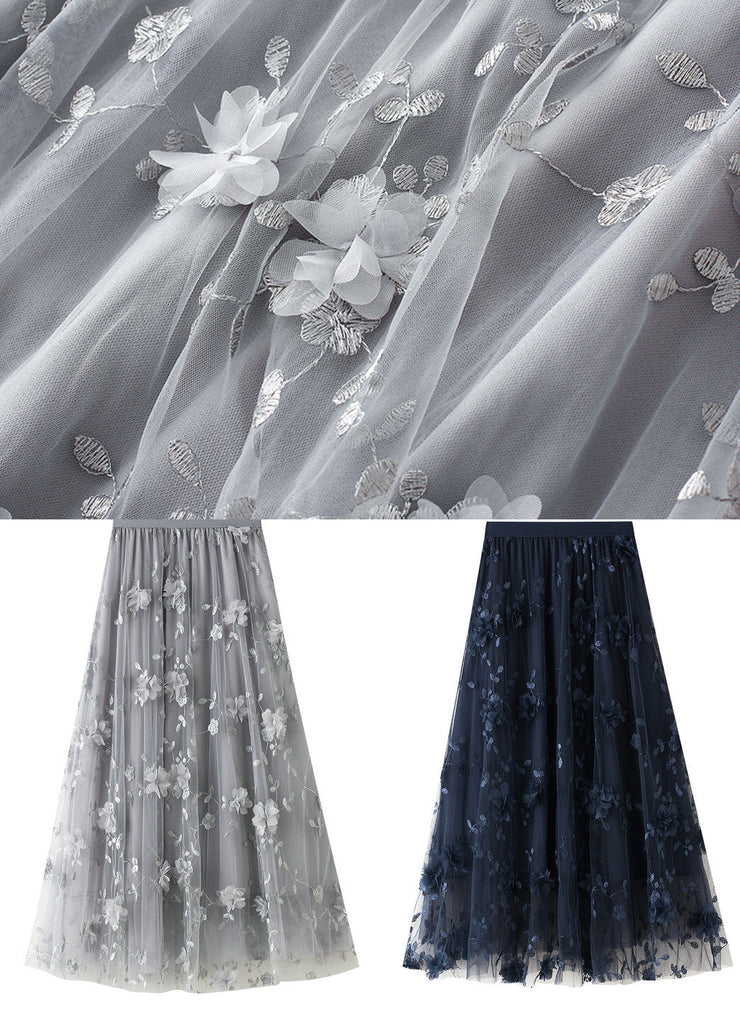 Black Embroideried Floral Elastic Waist Tulle A Line Skirts Spring