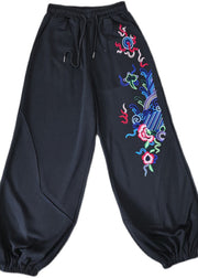 Black Embroideried Floral Pockets Elastic Waist Pants Fall